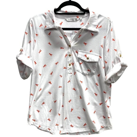 Emily Daniels Polo Top, Size Medium, Lobster Print, Roll Tab Short Sleeve NEW‎ - Picture 1 of 12